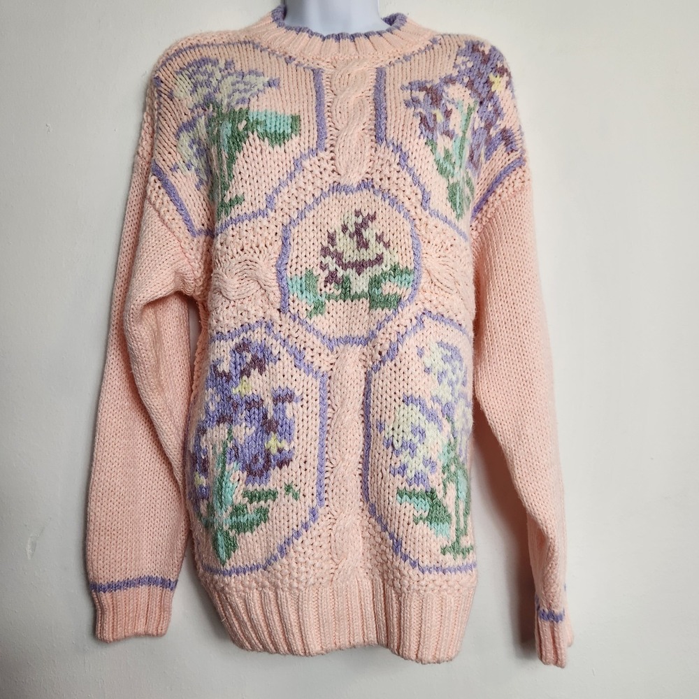 Nicole Winter Floral Cottagecore Grandmacore Cable Knit Sweater Pink M Vintage